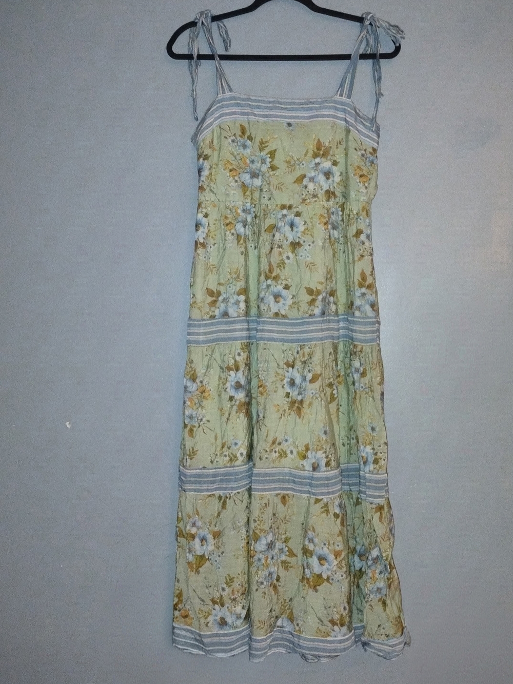 Sweet Wanderer Pale Green Floral Maxi Dress with Blue Stripe Accents
